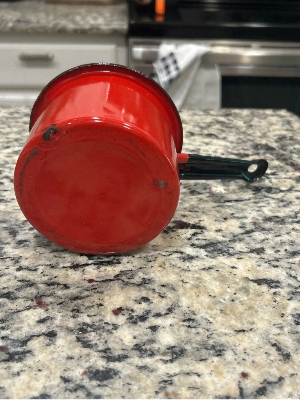 VINTAGE RED & BLACK ENAMELWARE MILK PAN OR BUTTER/CREAM WARMING POT- 4
